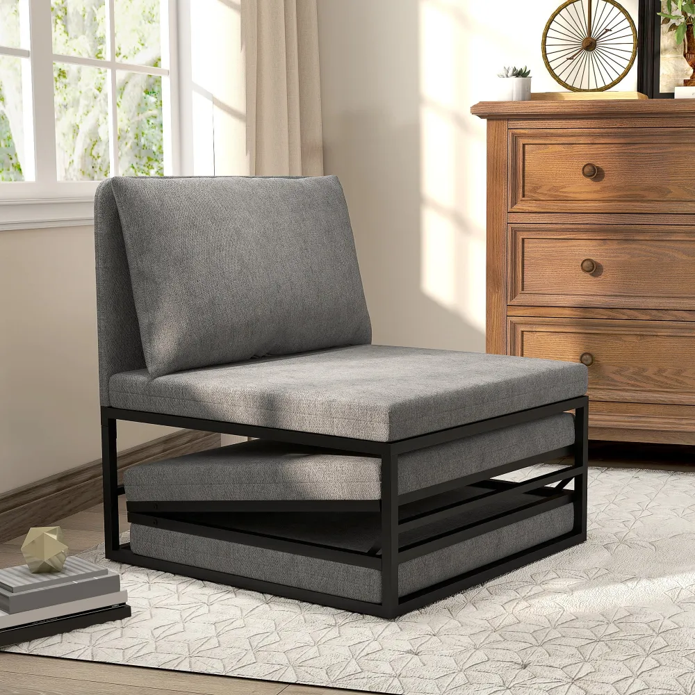 Poltrona Letto Singolo con Cuscino 66x70x74 cm Tessuto Effetto Lino e Metallo Grigio