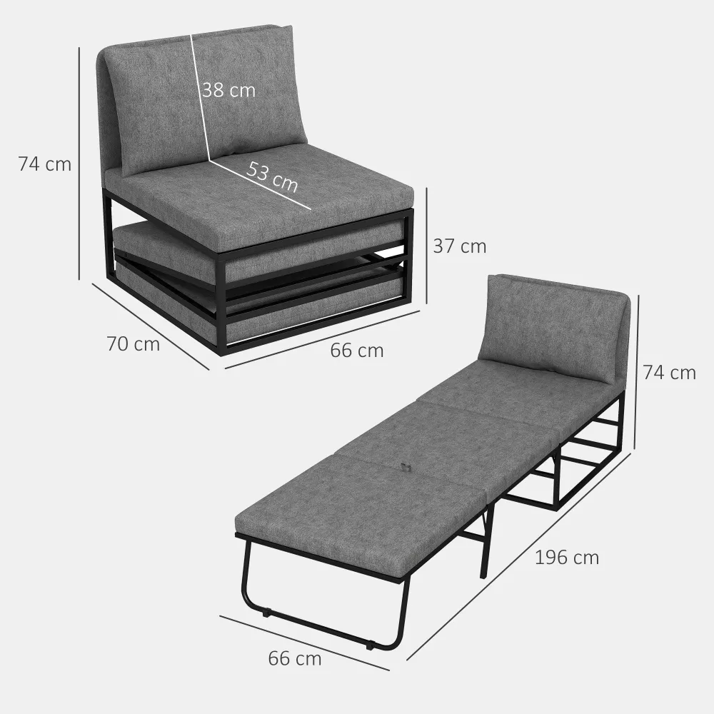 Poltrona Letto Singolo con Cuscino 66x70x74 cm Tessuto Effetto Lino e Metallo Grigio
