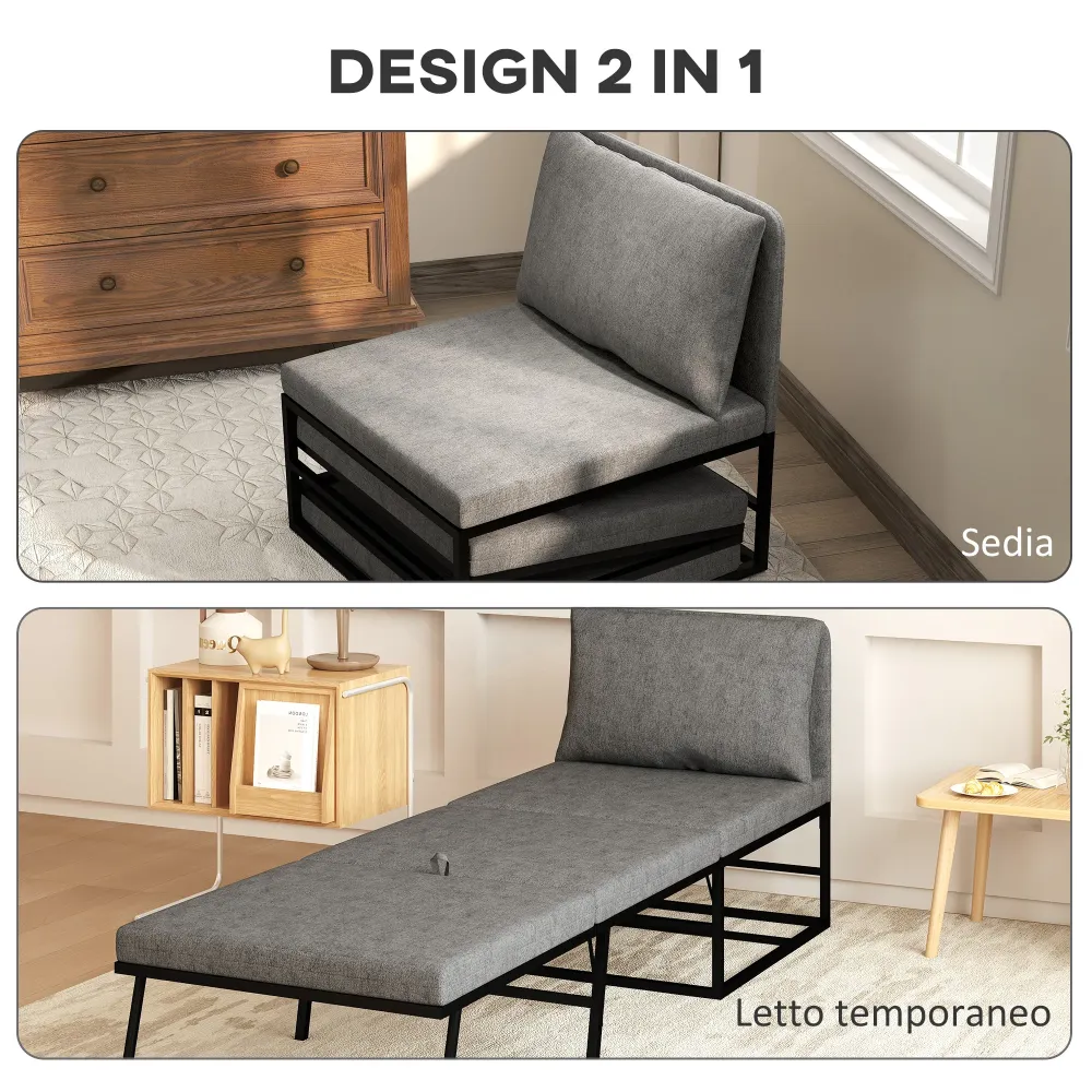 Poltrona Letto Singolo con Cuscino 66x70x74 cm Tessuto Effetto Lino e Metallo Grigio