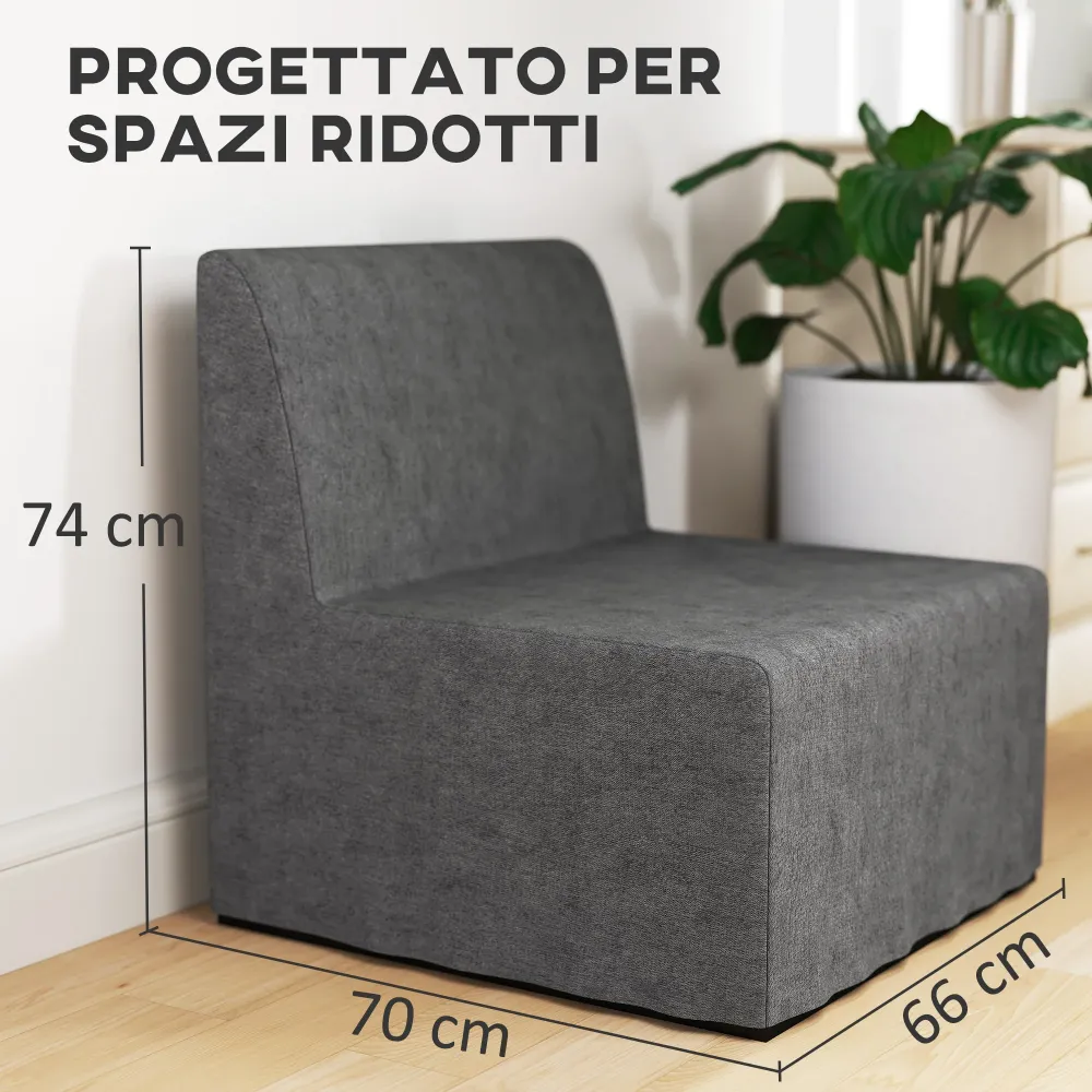 Poltrona Letto Singolo con Cuscino 66x70x74 cm Tessuto Effetto Lino e Metallo Grigio