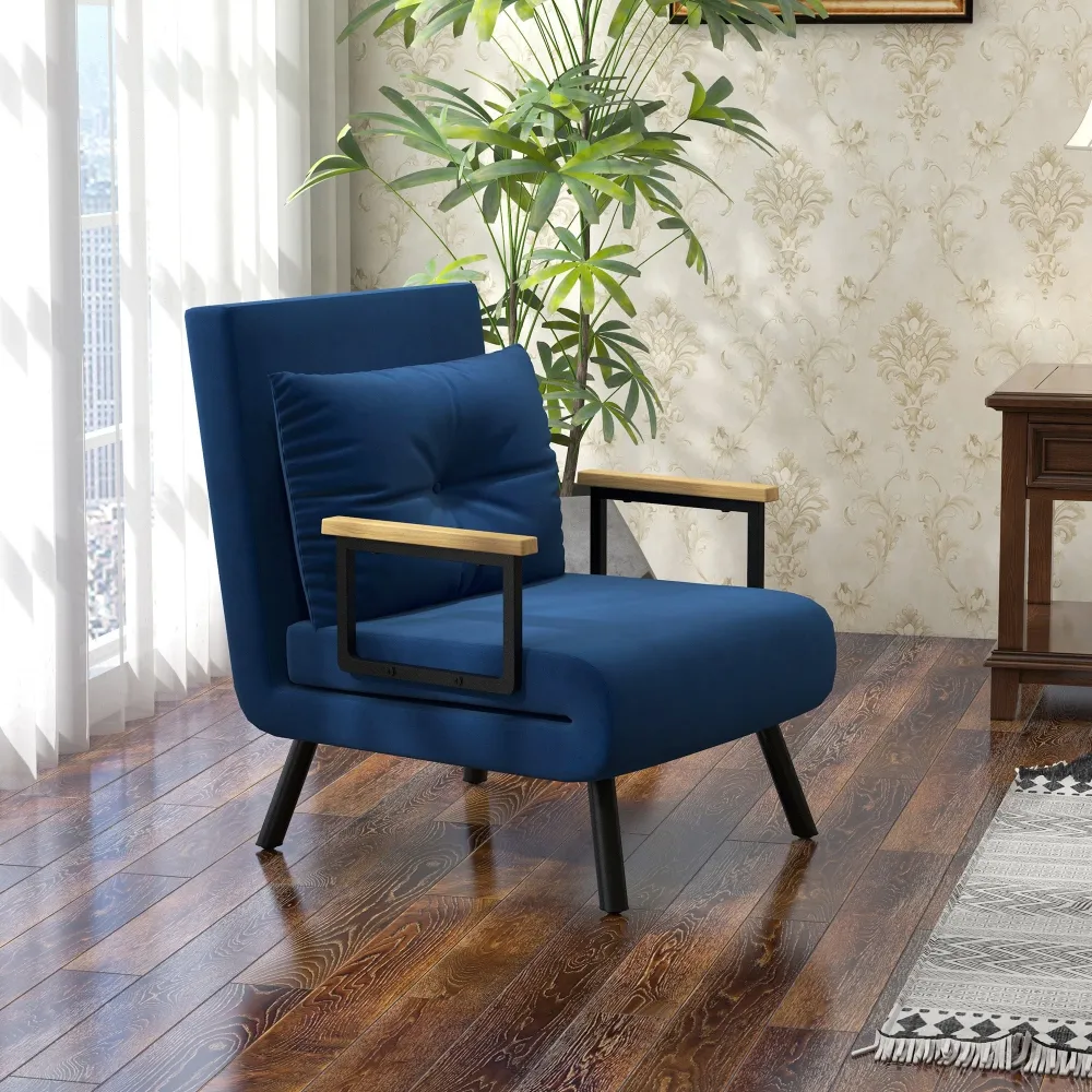Poltrona Letto Singolo Reclinabile con Cuscino Sfoderabile Tessuto Effetto Lino Blu