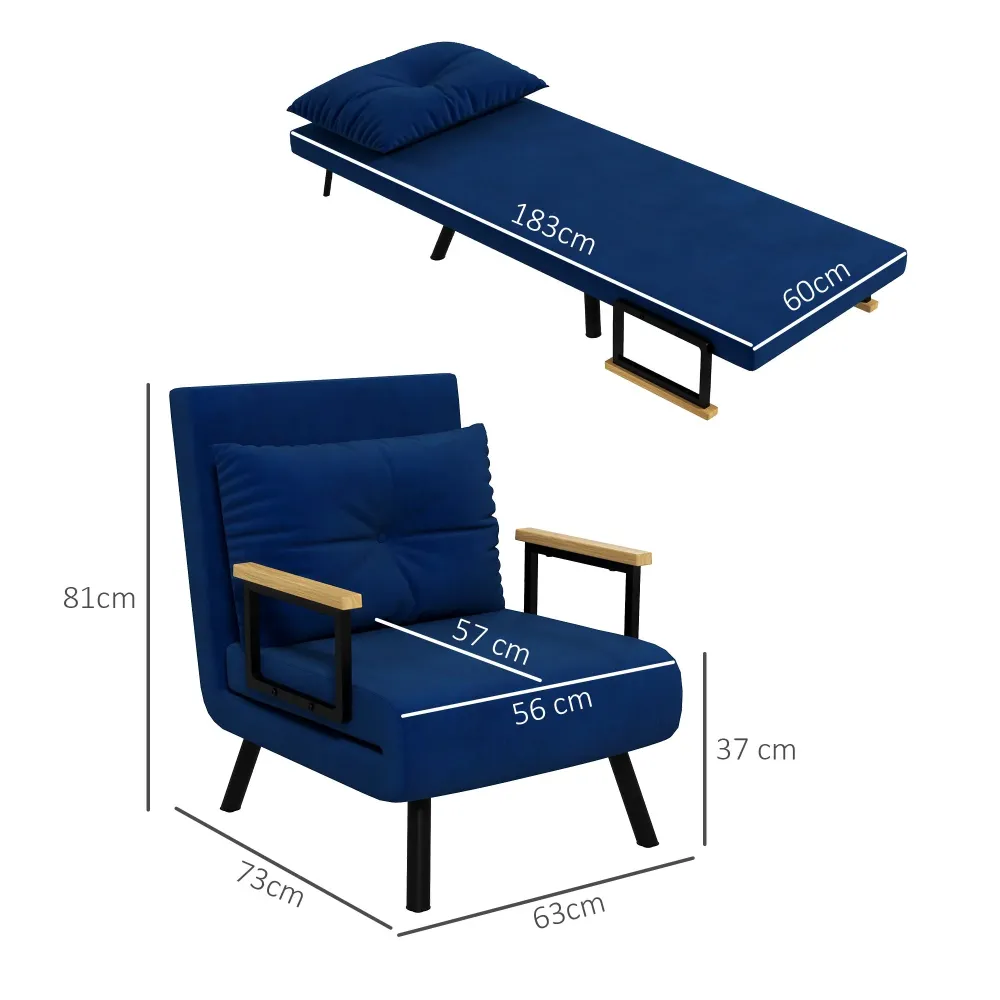 Poltrona Letto Singolo Reclinabile con Cuscino Sfoderabile Tessuto Effetto Lino Blu