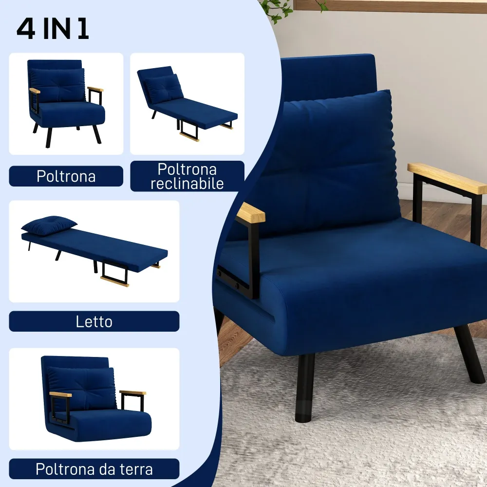 Poltrona Letto Singolo Reclinabile con Cuscino Sfoderabile Tessuto Effetto Lino Blu