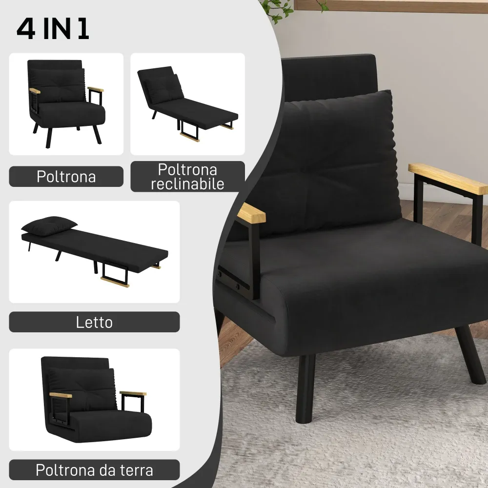 Poltrona Letto Singolo Reclinabile con Cuscino Sfoderabile Tessuto Effetto Lino Nero