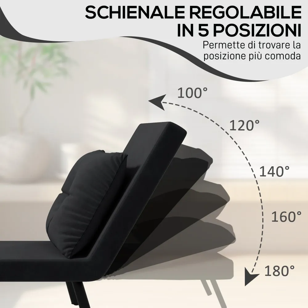 Poltrona Letto Singolo Reclinabile con Cuscino Sfoderabile Tessuto Effetto Lino Nero