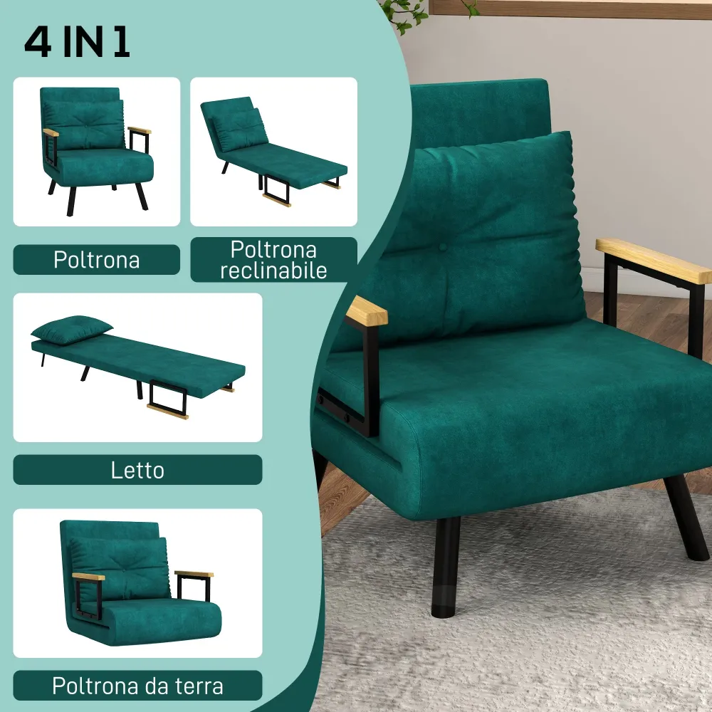 Poltrona Letto Singolo Reclinabile con Cuscino Sfoderabile Tessuto Effetto Lino Verde