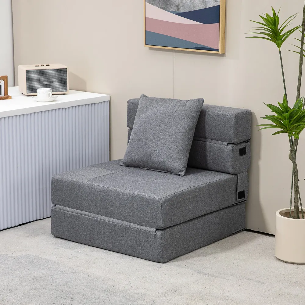 Poltrona Letto Singolo da Terra Pieghevole 70x70x61 cm con Cuscino Incluso Grigio