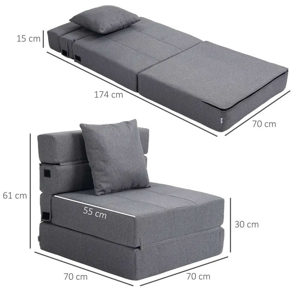 Poltrona Letto Singolo da Terra Pieghevole 70x70x61 cm con Cuscino Incluso Grigio