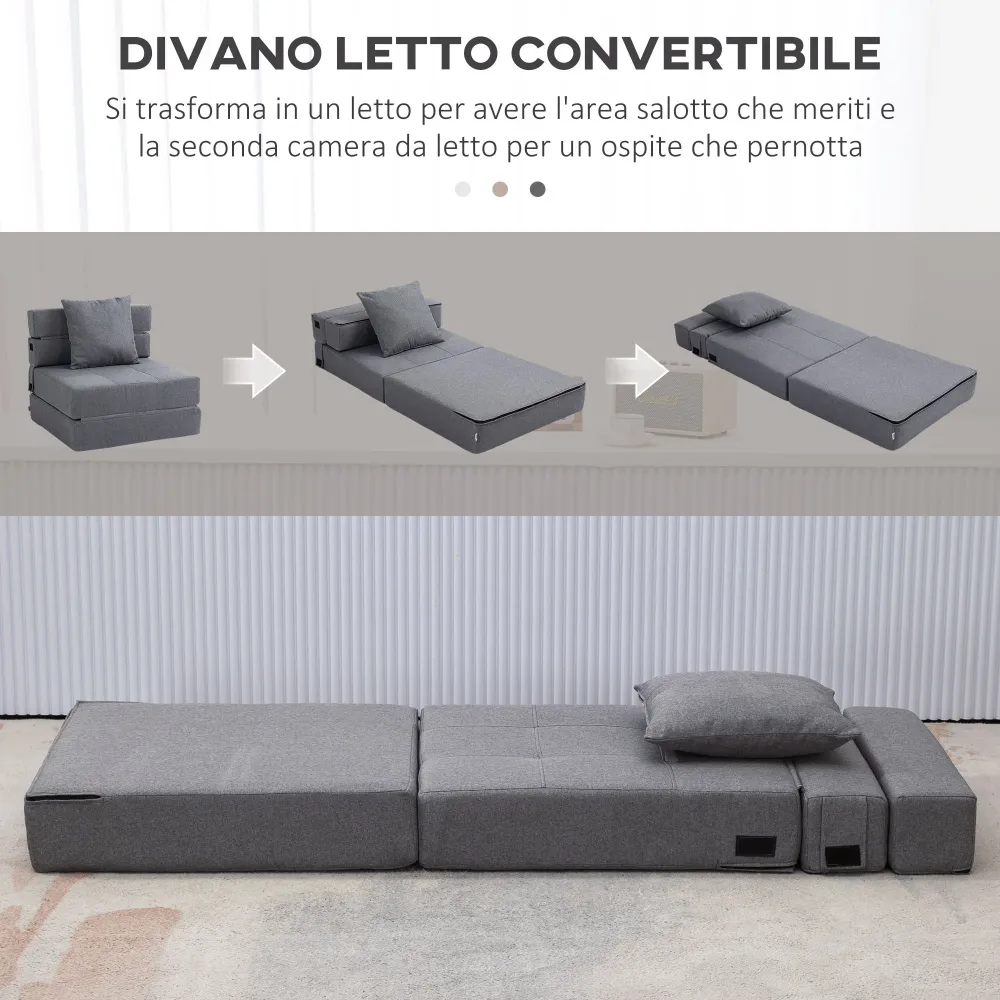 Poltrona Letto Singolo da Terra Pieghevole 70x70x61 cm con Cuscino Incluso Grigio