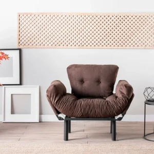 Poltrona living metallo con cuscini imbottiti rivestiti tessuto marrone cm 95x70x85h