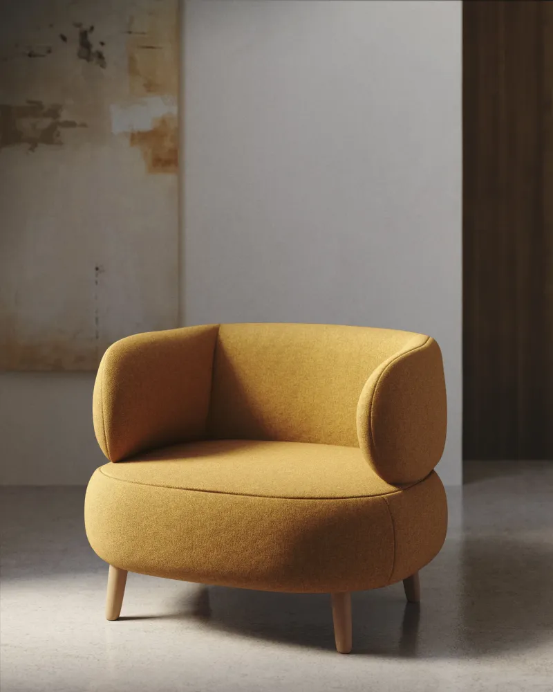 Poltrona Luisa finta pelle di agnello ignifuga giallo senape con gambe legno massello di faggio, 90 cm