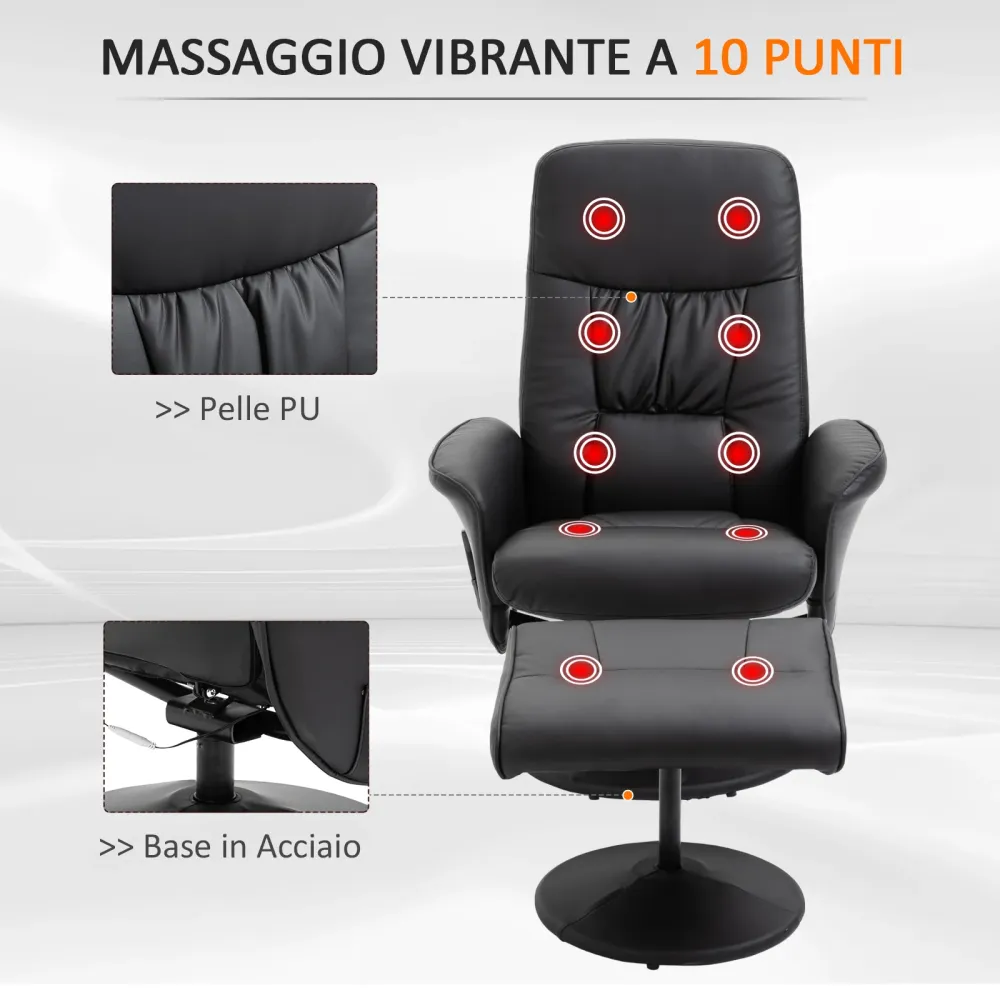 Poltrona Massaggiante con Pouf Poggiapiedi Reclinabile 145° con Seduta Girevole e 10 Punti Massaggio Nero
