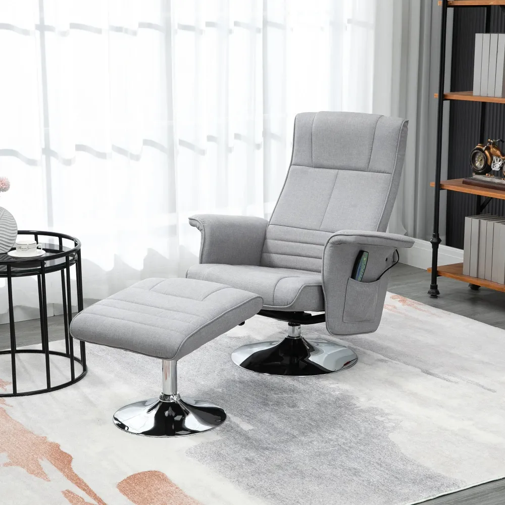 Poltrona massaggiante con pouf, 8 testine vibranti, funzione inclinabile, grigio chiaro