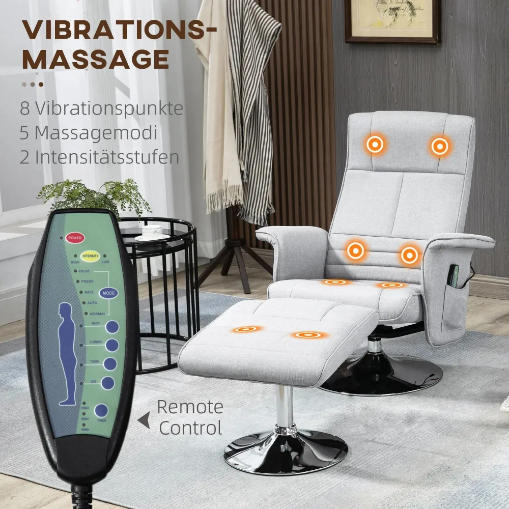 Poltrona massaggiante con pouf, 8 testine vibranti, funzione inclinabile, grigio chiaro