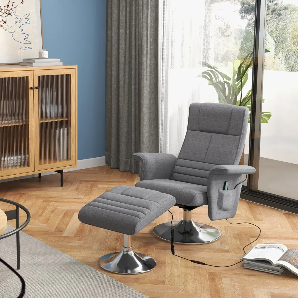 Poltrona Massaggiante e Reclinabile con Poggiapiedi 78x90x93 cm Tessuto Effetto Lino Grigio Scuro