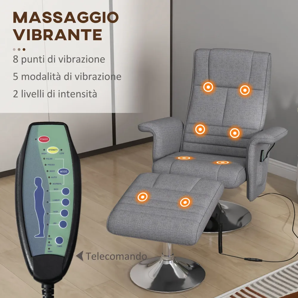 Poltrona Massaggiante e Reclinabile con Poggiapiedi 78x90x93 cm Tessuto Effetto Lino Grigio Scuro