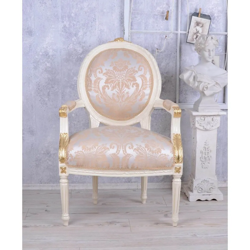 POLTRONA MEDAGLIONE REALE STILE BAROCCO BIANCO-CREMA ARGENTO+ORO