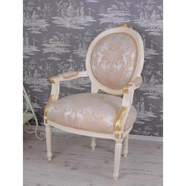 POLTRONA MEDAGLIONE REALE STILE BAROCCO BIANCO-CREMA ARGENTO+ORO