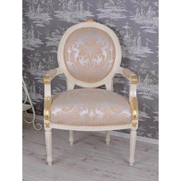 POLTRONA MEDAGLIONE REALE STILE BAROCCO BIANCO-CREMA ARGENTO+ORO