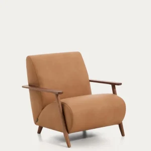 Poltrona Meghan pelle marrone con legno massello di frassino con finitura noce, FSC Mix Credit