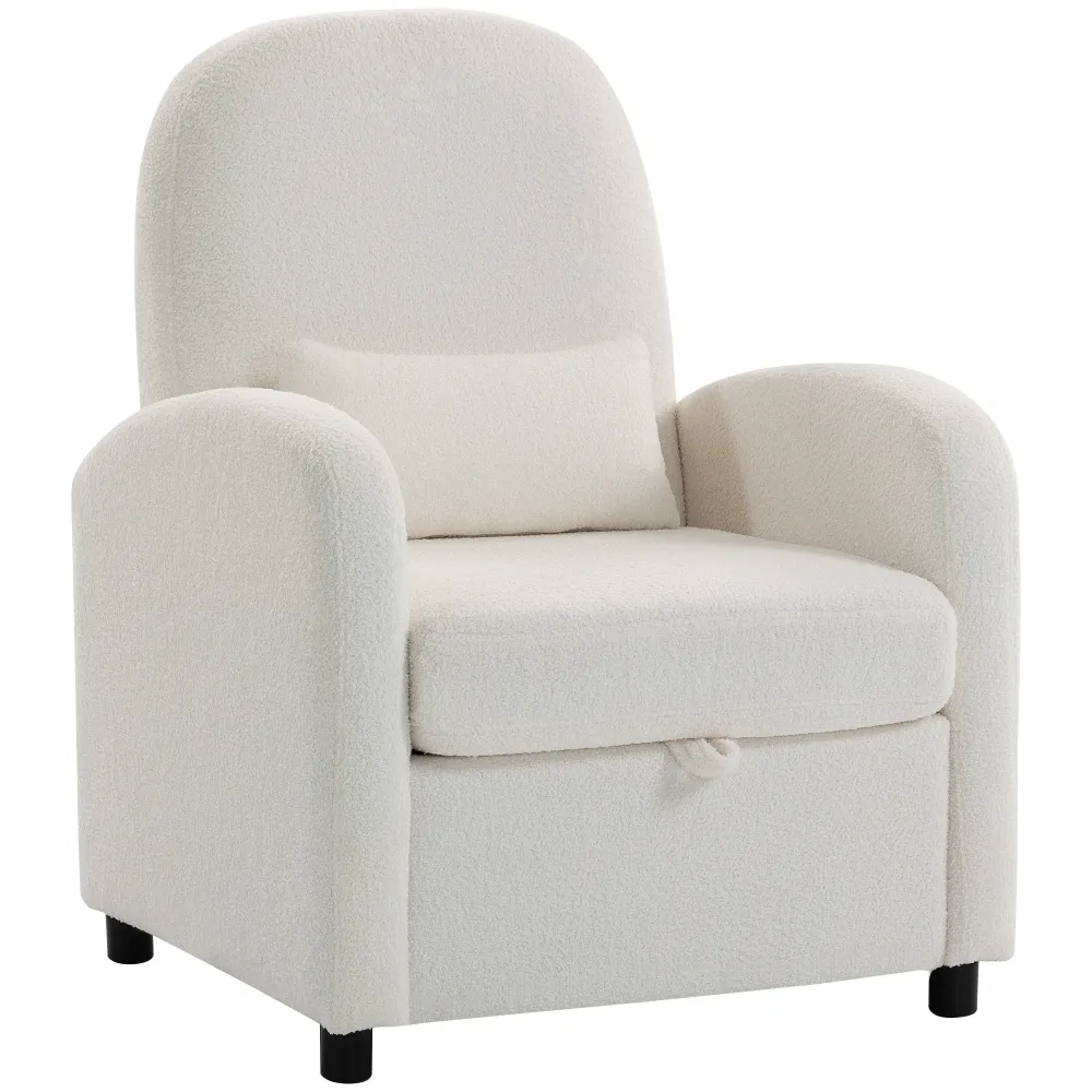 Poltrona Moderna 76x77x95 cm con Spazio Contenitore Scomparsa e Cuscino Rivestimento Pile Teddy Crema