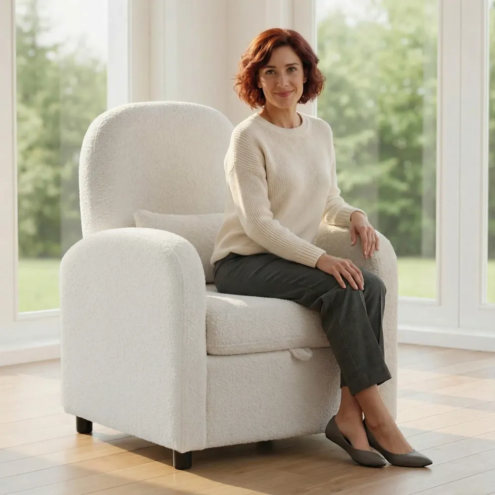 Poltrona Moderna 76x77x95 cm con Spazio Contenitore Scomparsa e Cuscino Rivestimento Pile Teddy Crema