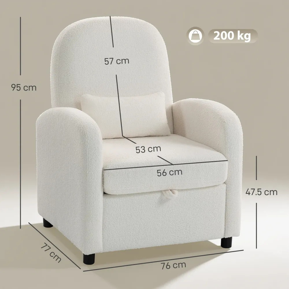 Poltrona Moderna 76x77x95 cm con Spazio Contenitore Scomparsa e Cuscino Rivestimento Pile Teddy Crema