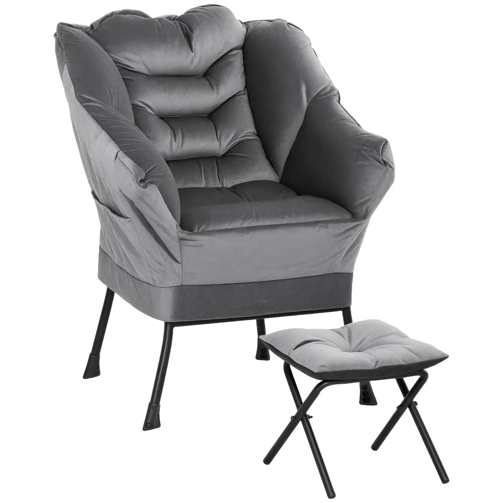 Poltrona Moderna 80x78x100 cm con 2 Tasche Laterali e Poggiapiedi Tessuto Effetto Lino Grigio