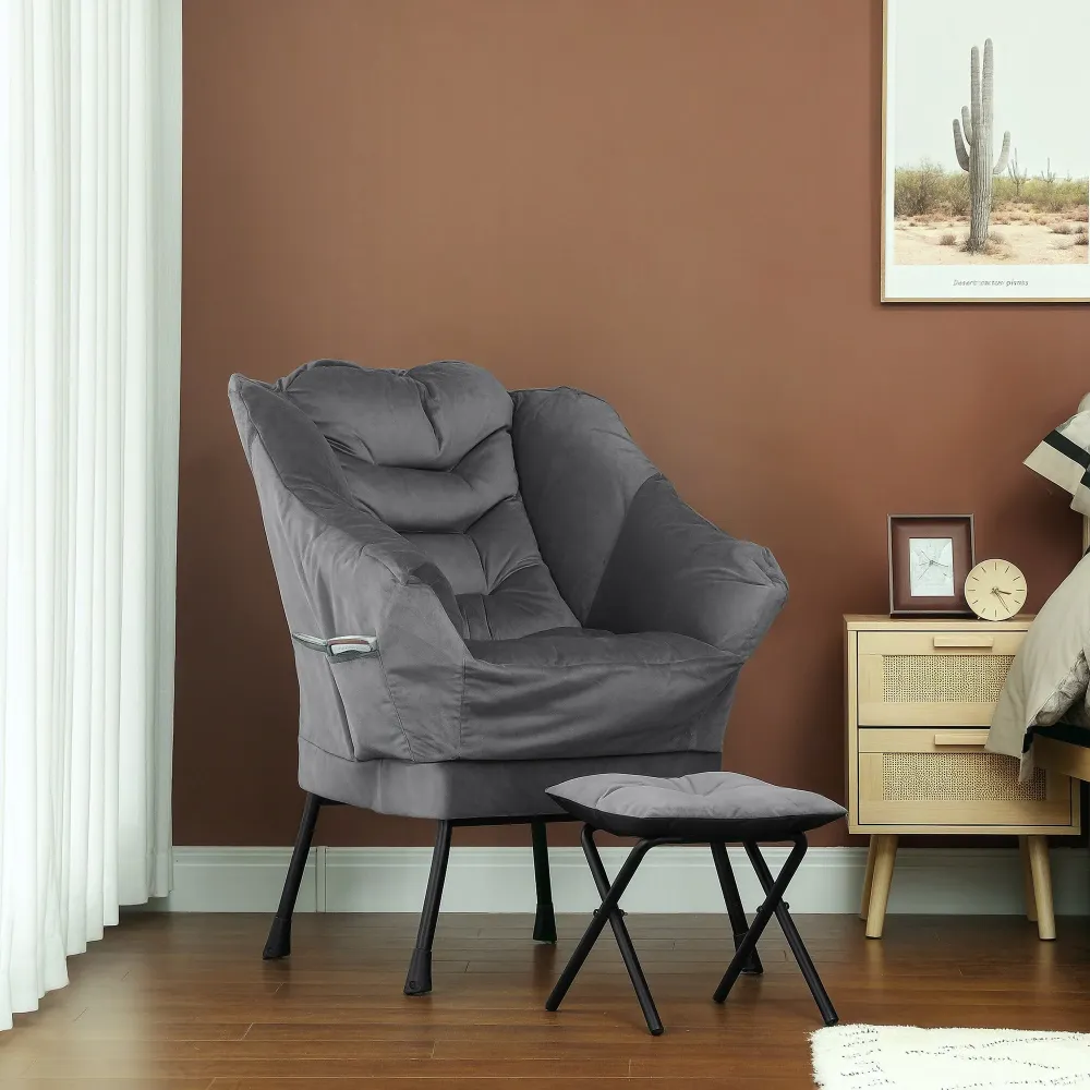 Poltrona Moderna 80x78x100 cm con 2 Tasche Laterali e Poggiapiedi Tessuto Effetto Lino Grigio