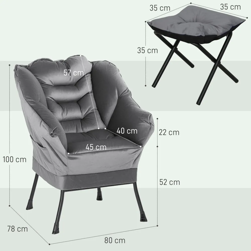 Poltrona Moderna 80x78x100 cm con 2 Tasche Laterali e Poggiapiedi Tessuto Effetto Lino Grigio