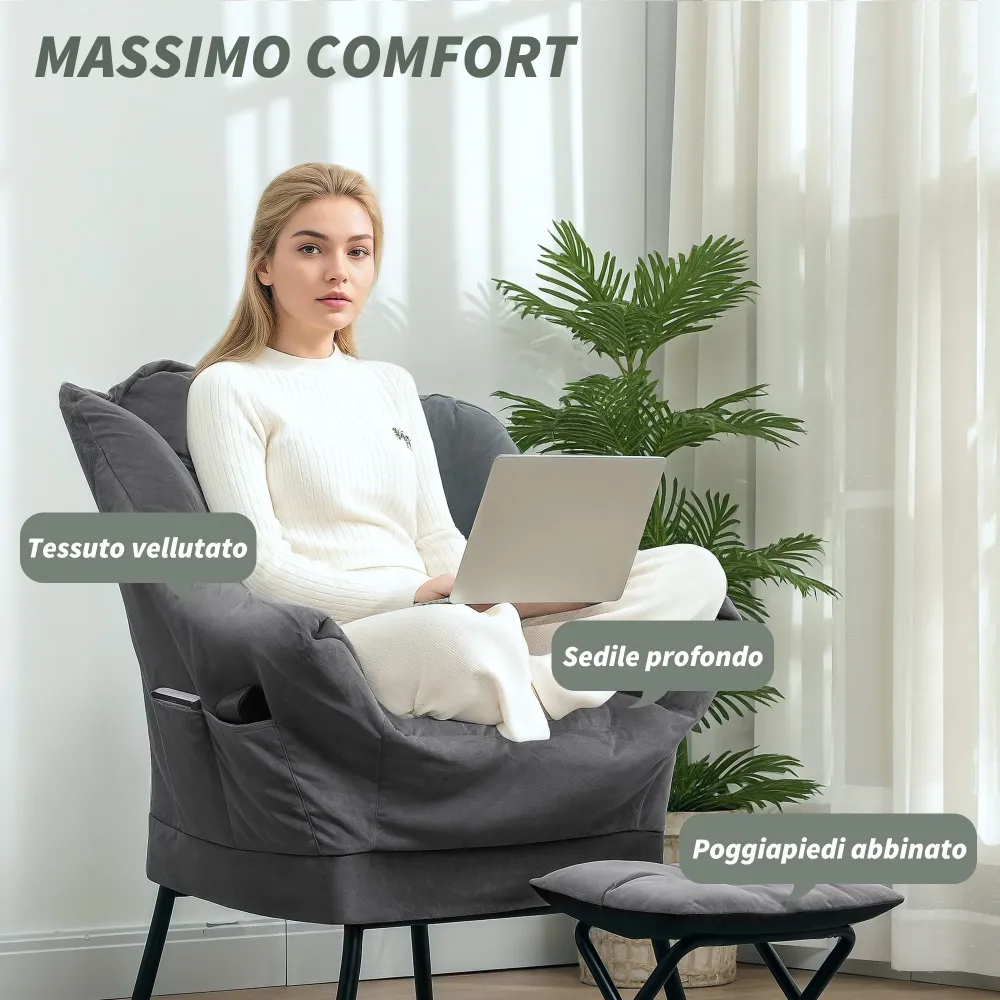 Poltrona Moderna 80x78x100 cm con 2 Tasche Laterali e Poggiapiedi Tessuto Effetto Lino Grigio
