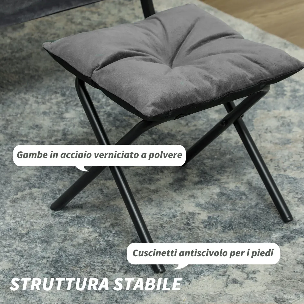 Poltrona Moderna 80x78x100 cm con 2 Tasche Laterali e Poggiapiedi Tessuto Effetto Lino Grigio