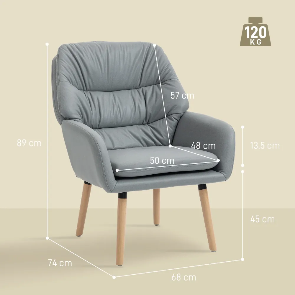 Poltrona Moderna da Camera con Schienale Alto Doppia Imbottitura Tessuto Effetto Pelle Grigio