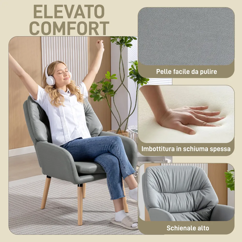 Poltrona Moderna da Camera con Schienale Alto Doppia Imbottitura Tessuto Effetto Pelle Grigio