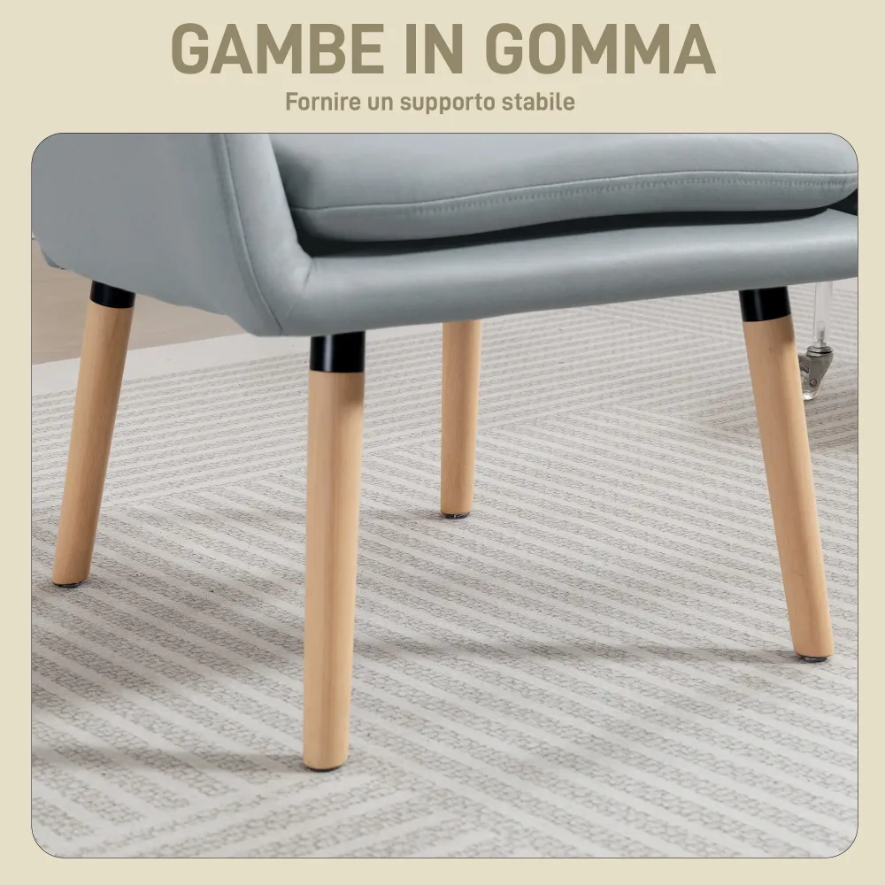 Poltrona Moderna da Camera con Schienale Alto Doppia Imbottitura Tessuto Effetto Pelle Grigio