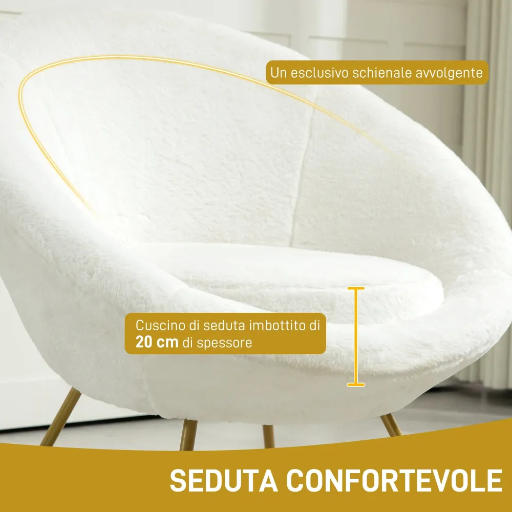 Poltrona Moderna da Camera Finta Pelliccia con Gambe Metallo 75x66x79 cm Bianco