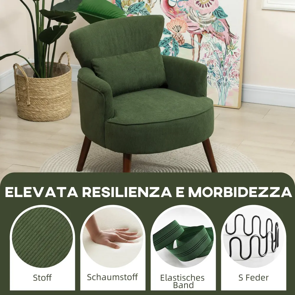 Poltrona Moderna da Camera Imbottita Velluto Verde