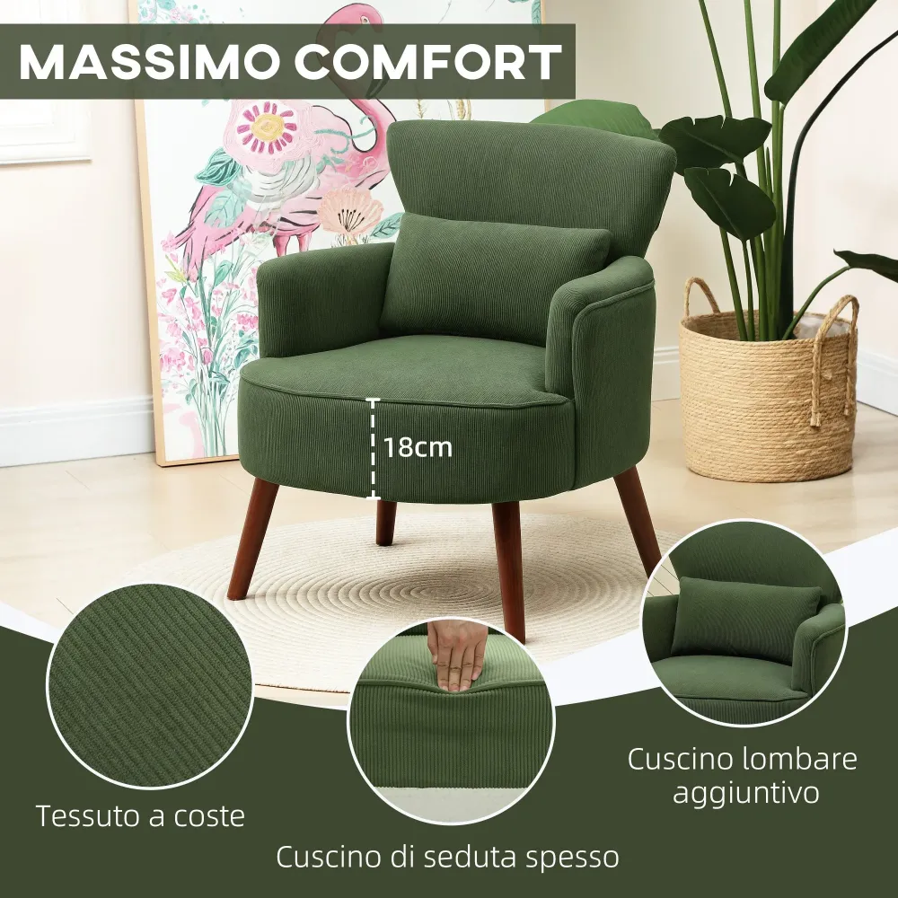 Poltrona Moderna da Camera Imbottita Velluto Verde
