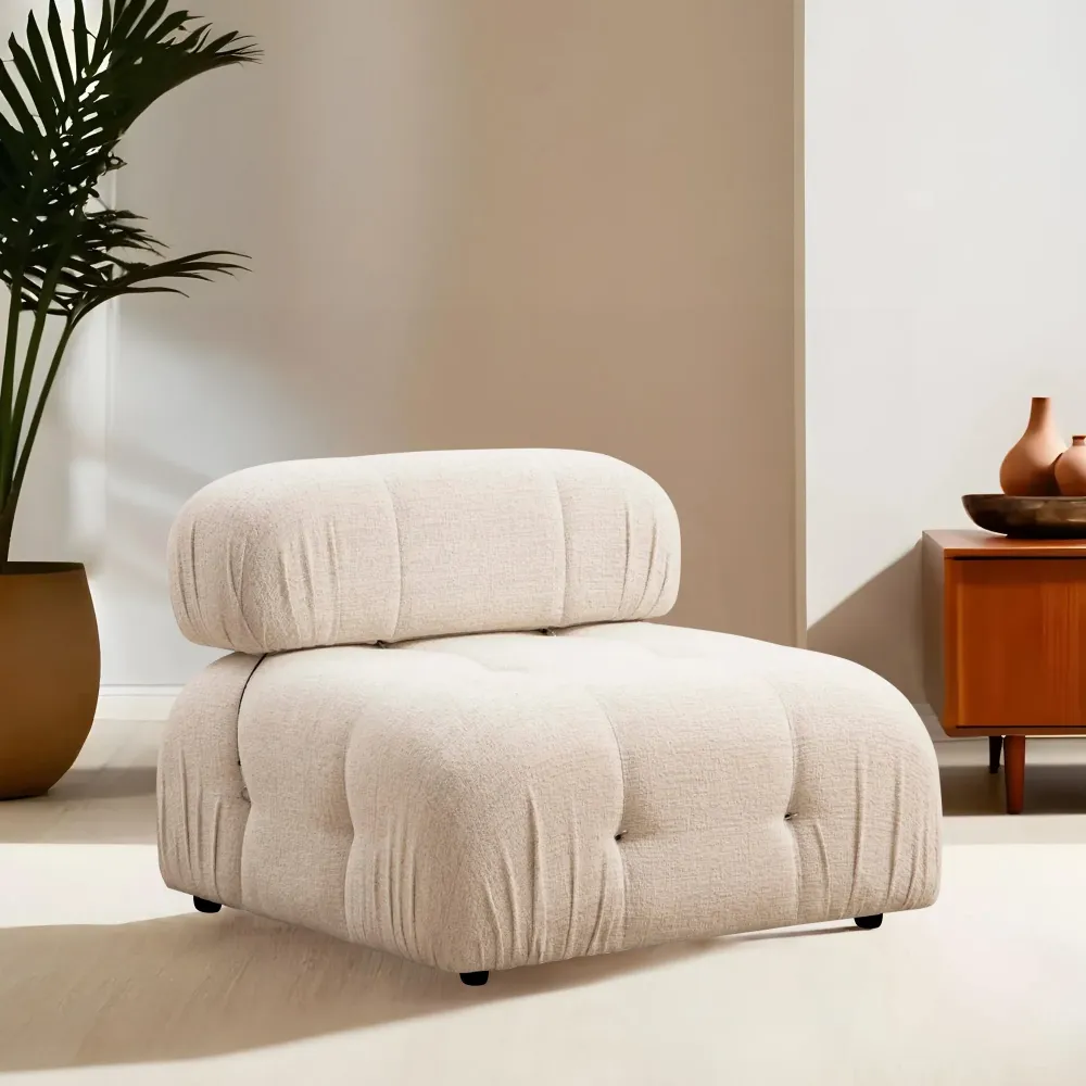 Poltrona Moderna Componibile Beige Seduta Modulare Imbottita con Poggiatesta cm 95x95x75h