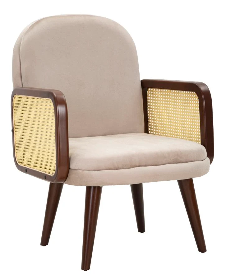 Poltrona moderna legno e rattan con seduta e schienale tessuto cm 77x80x93h