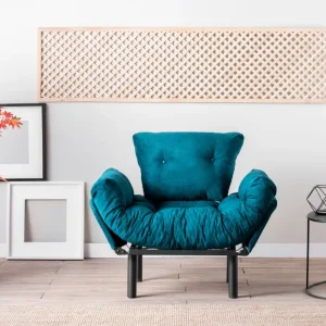 Poltrona moderna metallo con cuscini tessuto petrolio cm 95x70x85h