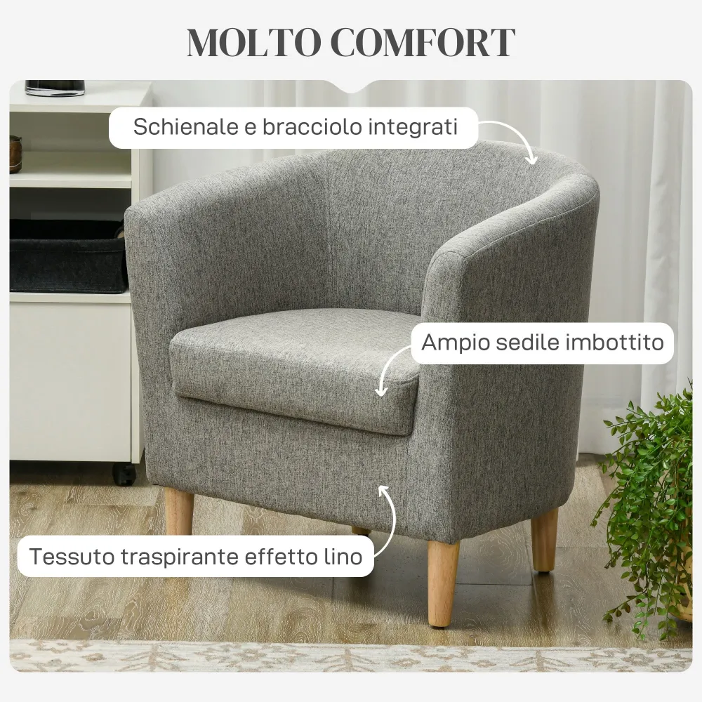 Poltrona Moderna Pozzetto 74x63x73 cm Tessuto Effetto Lino Grigio