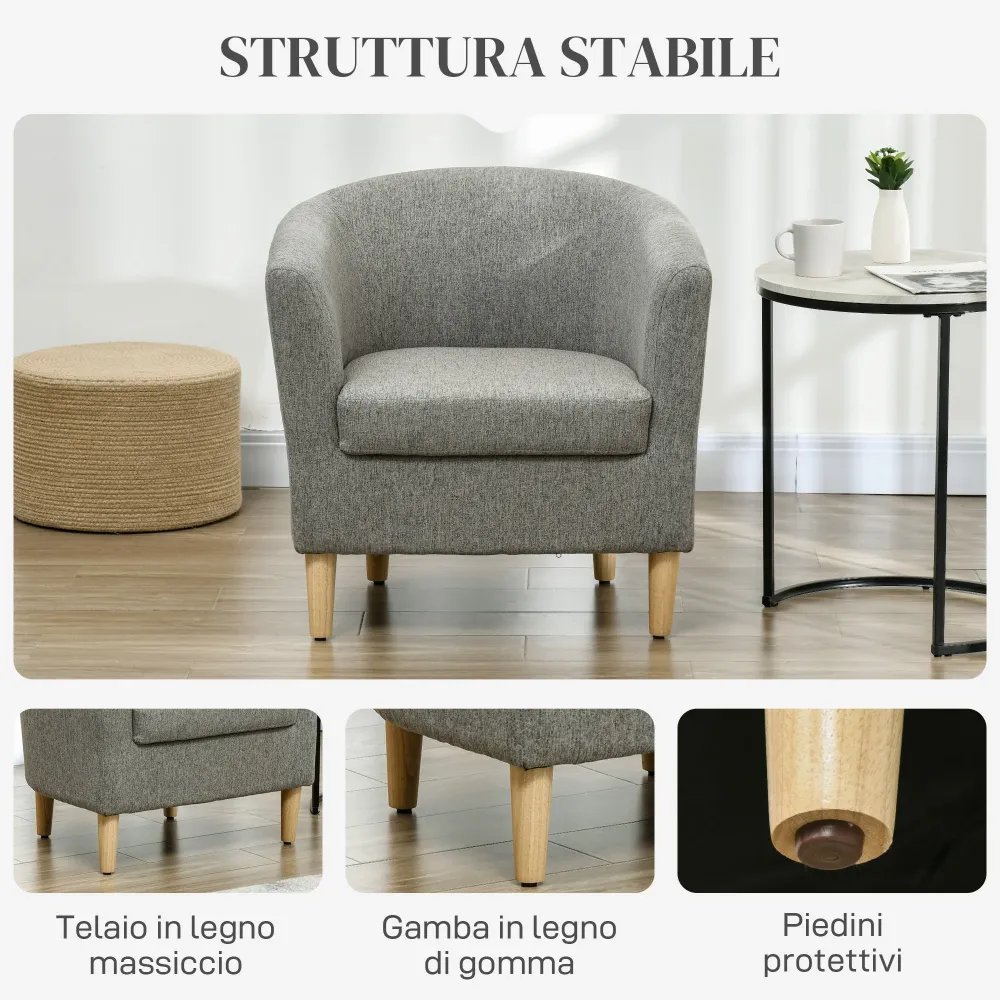 Poltrona Moderna Pozzetto 74x63x73 cm Tessuto Effetto Lino Grigio