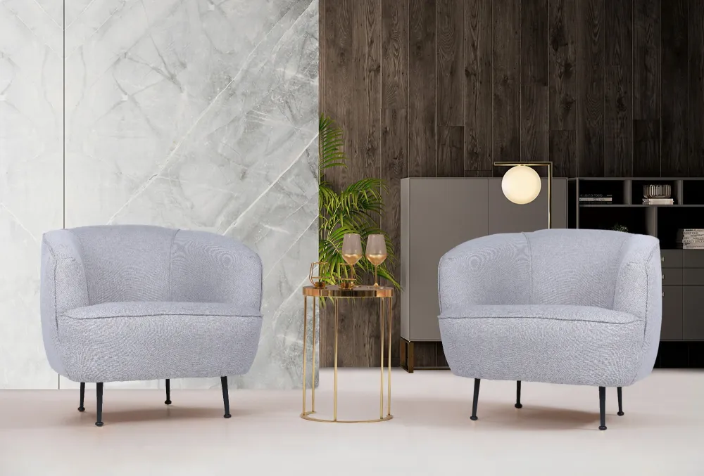 Poltrona moderna salotto tonda tessuto grigio gambe metallo nero cm 83x72x75h