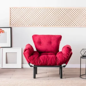 Poltrona moderna struttura metallo apribile cuscini tessuto rosso cm 95x70x85h