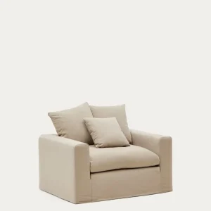 Poltrona Nora sfoderabile e cuscini cotone e lino tortora 140 cm