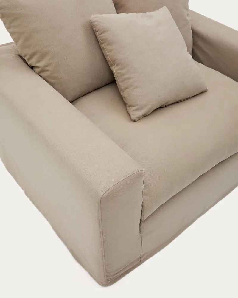 Poltrona Nora sfoderabile e cuscini cotone e lino tortora 140 cm