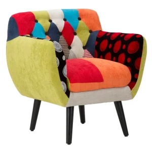 Poltrona patchwork imbottita con cuscino tessuto e legno cm 71x63x78h