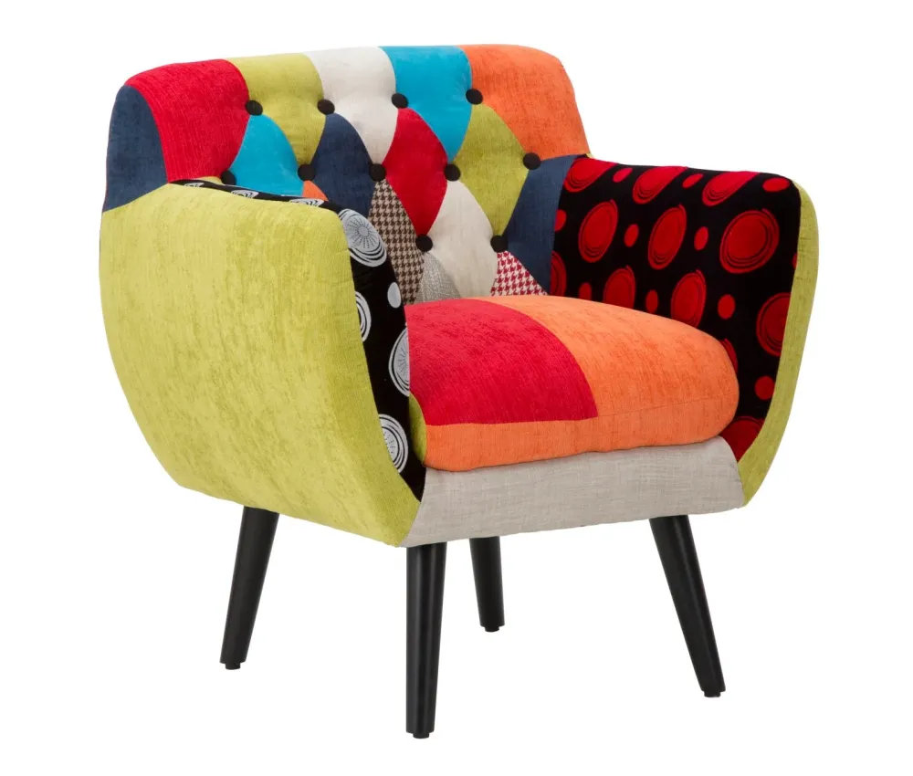 Poltrona patchwork imbottita con cuscino tessuto e legno cm 71x63x78h