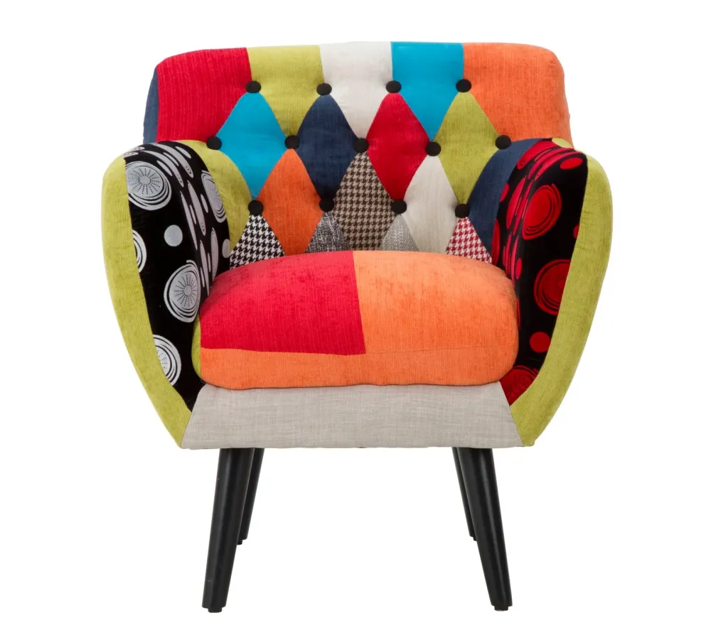 Poltrona patchwork imbottita con cuscino tessuto e legno cm 71x63x78h